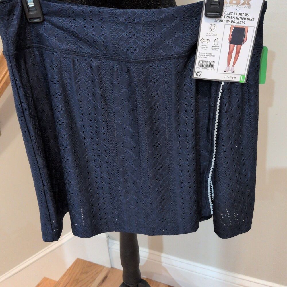 RBX Athletic Skort Navy Blue L Pull On Pockets Inner Bike Shorts Golf Tennis